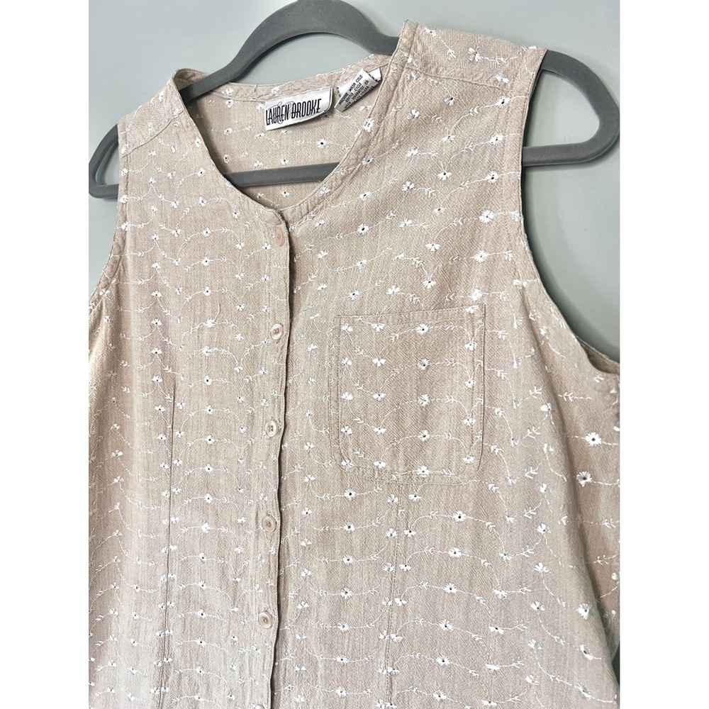 Vintage 90s Cotton Floral Embroidered Sleeveless Button Up Tank Top Tan Large - Picture 3 of 6